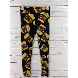 LuLaRoe Hamburger Leggings One size Double Cheeseburger Black Background With Do